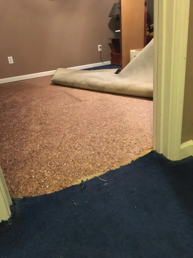 Carpet pad removal revealing water damage during Water Mitigation Services in Pleasant Hill